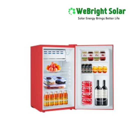 Red open refrigerator stocked with food and beverages against a white background with a solar company logo.