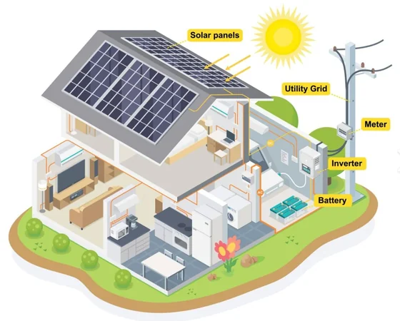 Illustration of a house cross-section showing a solar power system with roof panels, inverter, battery, and grid connection.