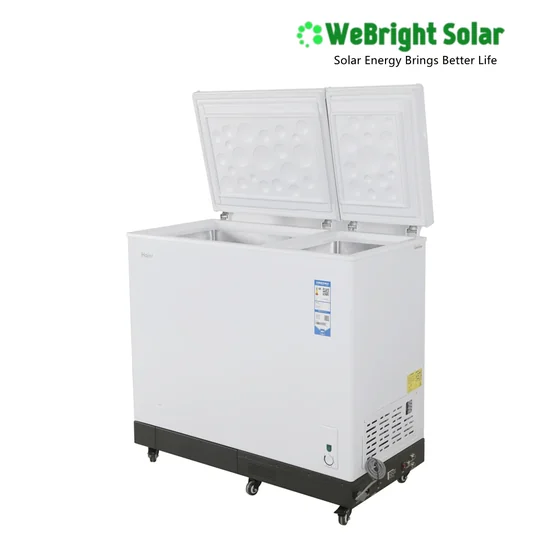 A white chest freezer with its two lids open, revealing two separate compartments, set against a white background.