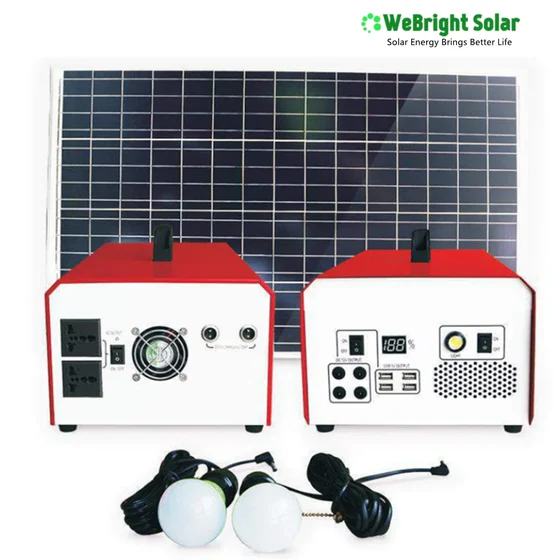 Solar energy kit with two red and white power units, a panel, and two light bulbs.