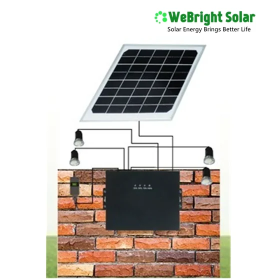 Diagram showing a solar panel connected to a wall-mounted unit and four light bulbs.