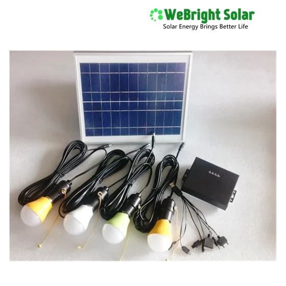 A small solar panel, black battery box, and four LED light bulbs with attached cords.