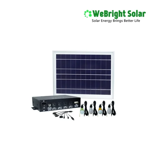 Solar panel kit with controller unit, cables, and small light bulbs displayed on a white background.