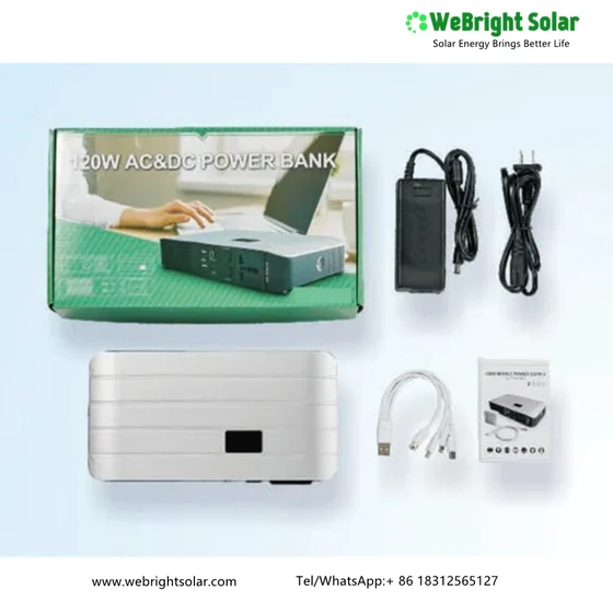 Product packaging, power bank, cables, and manual for a solar power kit displayed on a white background.
