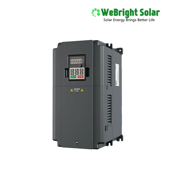 Gray industrial VFD motor controller with digital keypad and WeBright Solar logo in corner.