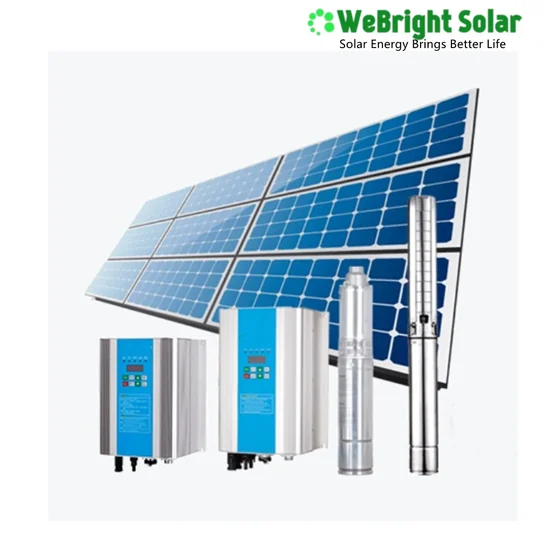 Composite image showing solar panels, inverters, and submersible pumps with company logo.