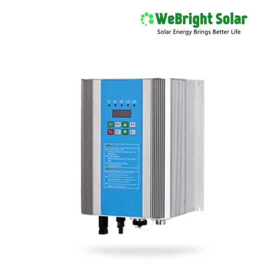 Solar inverter with blue control panel and silver heatsink fins