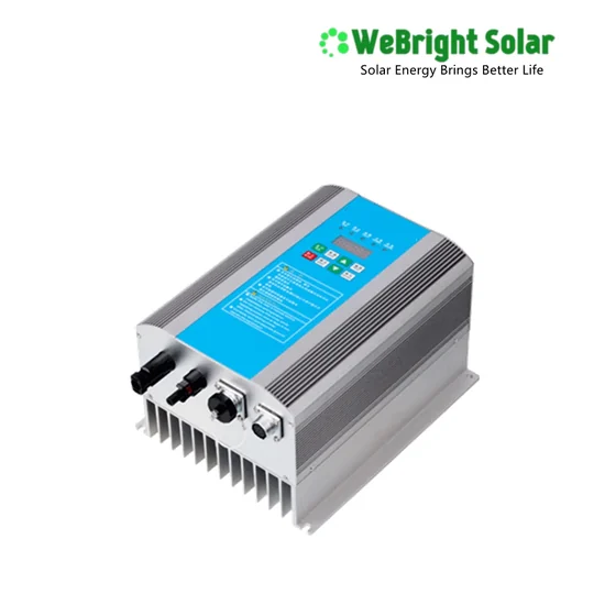 Silver and blue solar charge controller with cooling fins and connection ports.