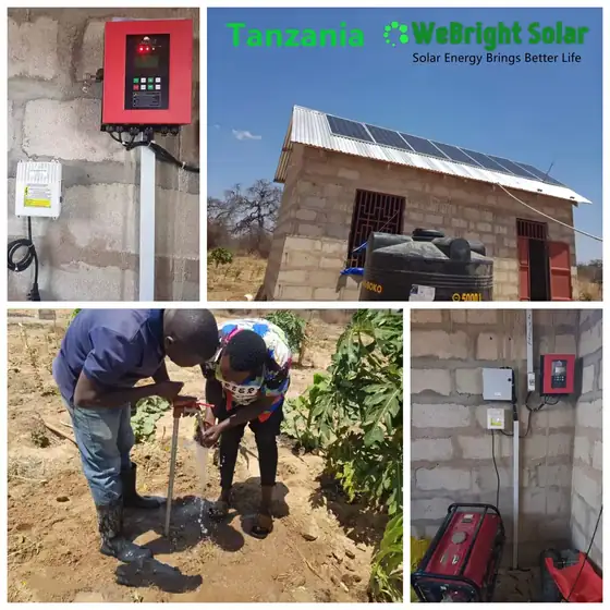 Collage showing solar energy equipment installed on a building and two people working outdoors.