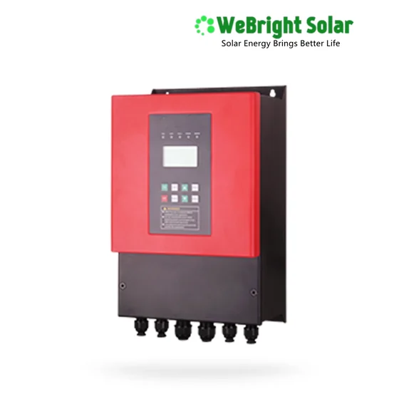 Red and black solar inverter with digital display and bottom connection ports