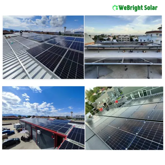 Collage of four photographs showing solar panels installed on various commercial rooftops.