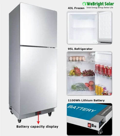Stainless steel solar refrigerator with battery display and inset images showing interior and lithium battery