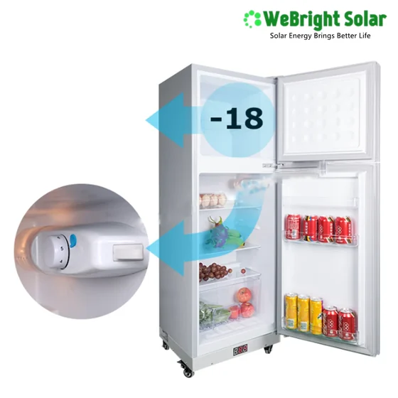 Open upright refrigerator with graphic overlays and a circular inset showing the internal temperature dial.
