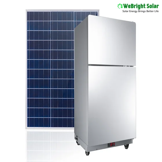 White double-door refrigerator next to a solar panel on a reflective white background.
