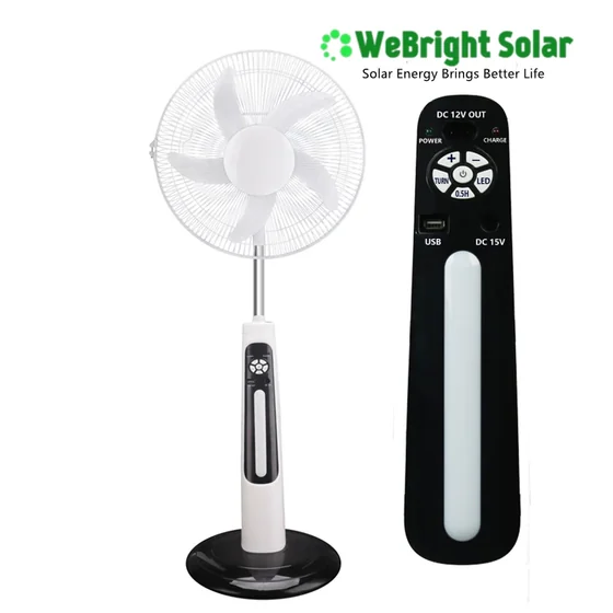White standing fan with black base next to a black solar power bank unit.