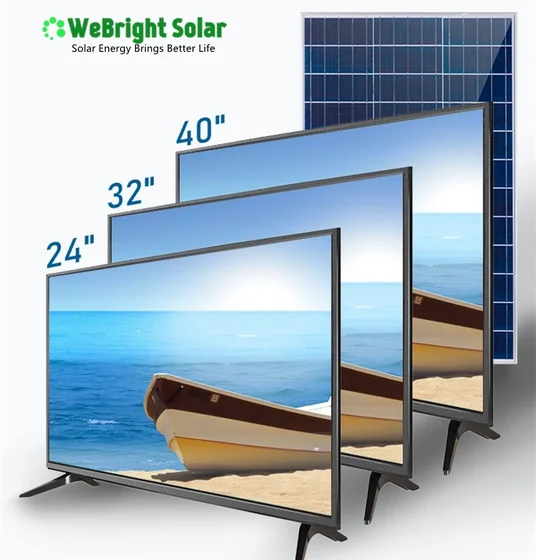 Digital render of three solar-powered TVs in 24, 32, and 40-inch sizes with a solar panel graphic.