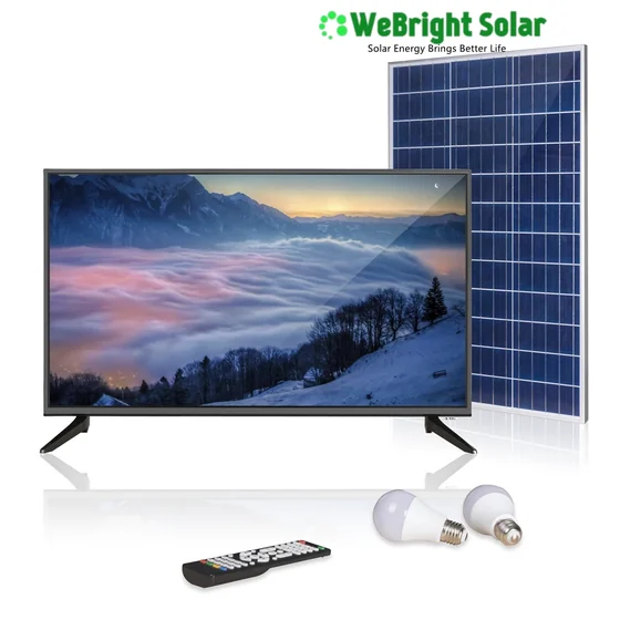 A solar panel kit including a TV, remote, light bulbs, and a branded solar panel.