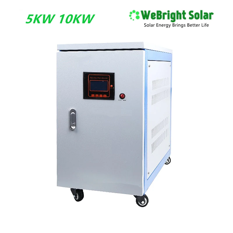 A white and blue cabinet-style solar inverter with a digital display, mounted on four caster wheels.