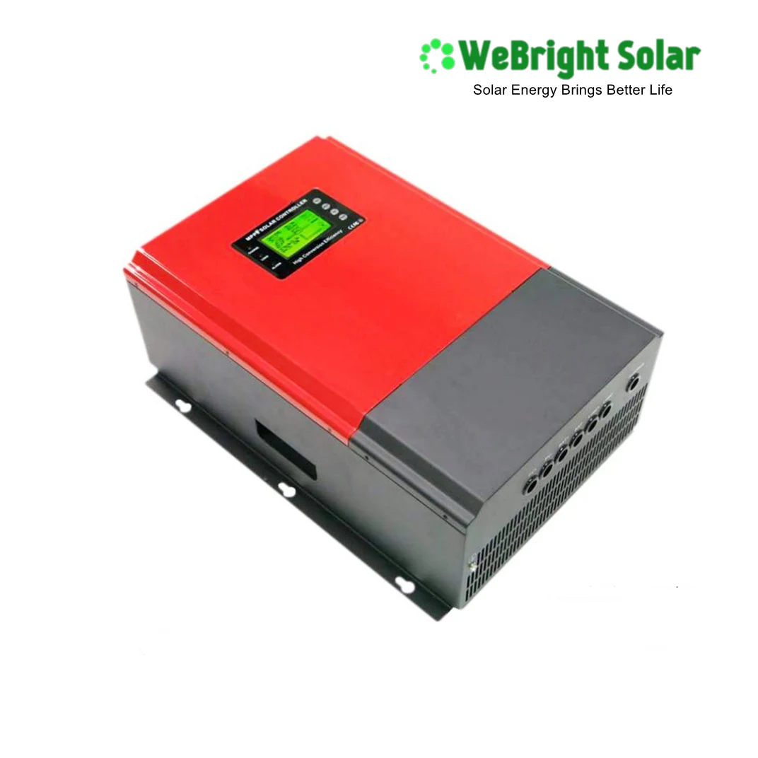 Red and grey solar power inverter with LCD screen on a white background