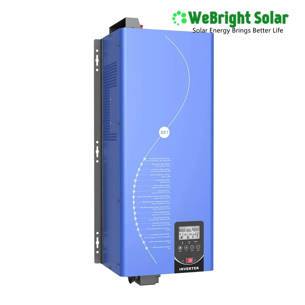 Blue wall-mounted solar inverter with black side mounting brackets and a digital display panel on the lower front.
