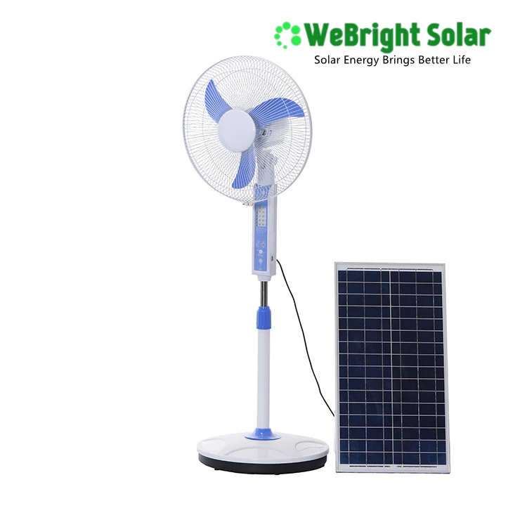 White and blue pedestal fan connected to a small solar panel against a white background