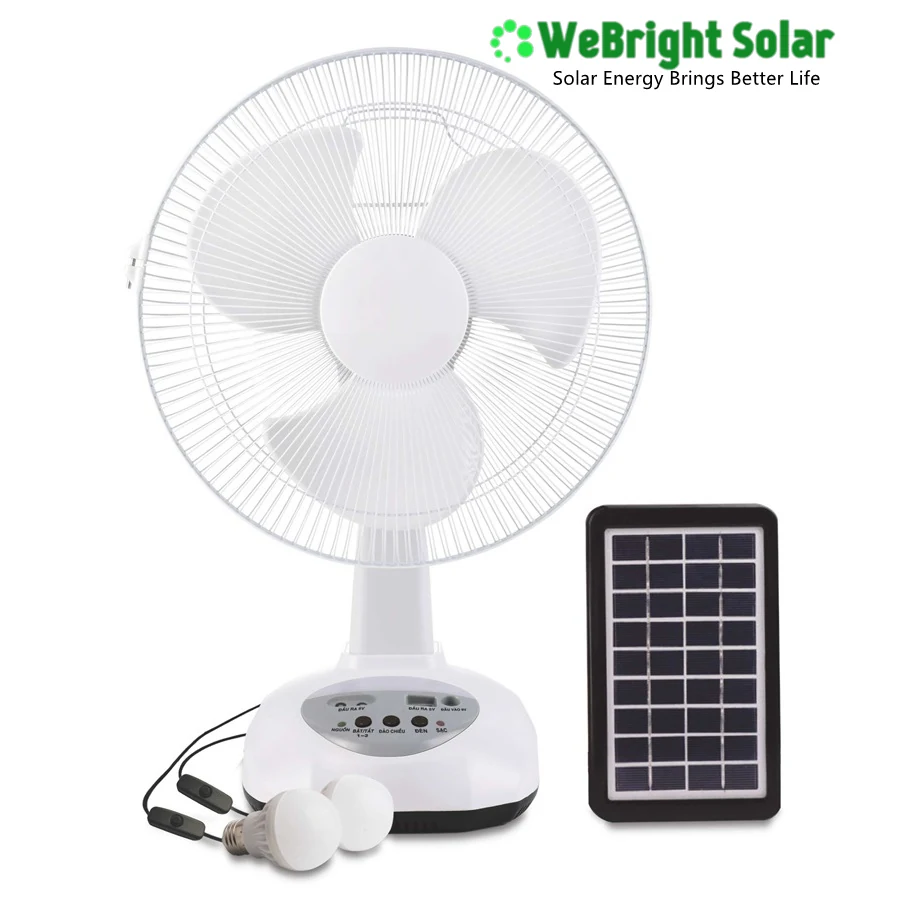White solar-powered desk fan with two attached light bulbs and a separate small solar panel.
