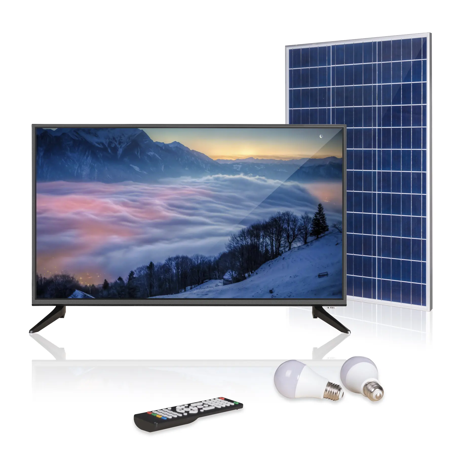A digital composite of a television, solar panel, light bulbs, and remote control arranged together.