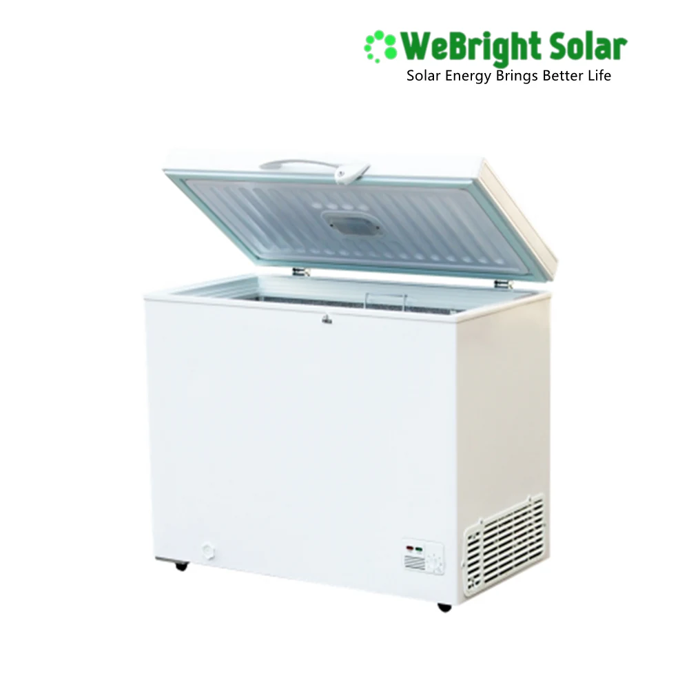 A white chest freezer with the lid open on a white background, featuring a green solar brand logo in the top right corner.