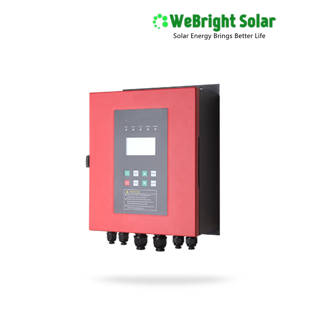 Red solar power inverter with digital display and multiple bottom ports on a white background