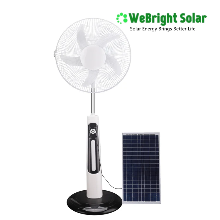 A white standing fan with a control panel next to a small solar panel on a white background.
