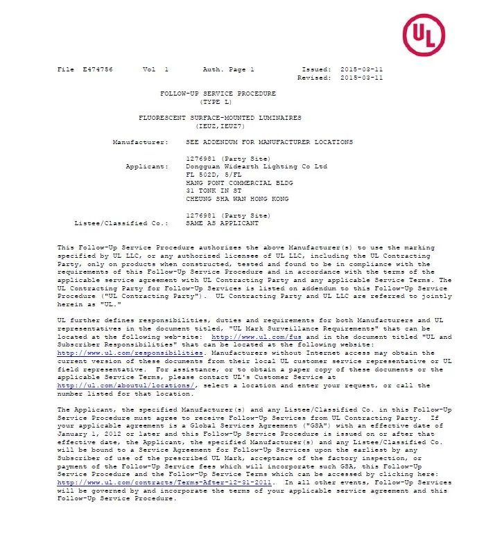 SURFACE-MOUNTED LUMINAIRES (PENDANT LAMP, WALL LAMP) UL CERTIFICATE file number E474756