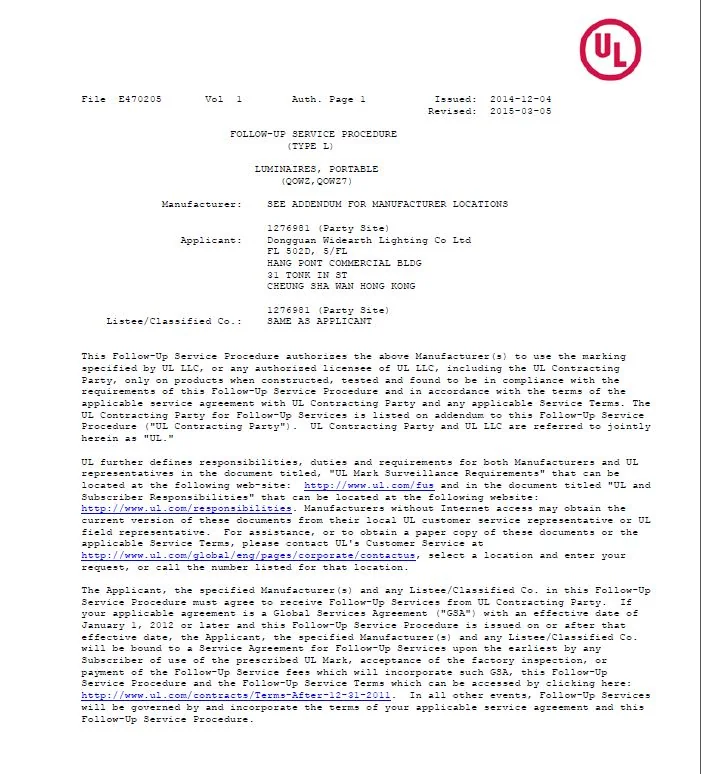 LUMINAIRES, PORTABLE (TABLE LAMP, FLOOR LAMP) UL CERTIFICATE file number E470205