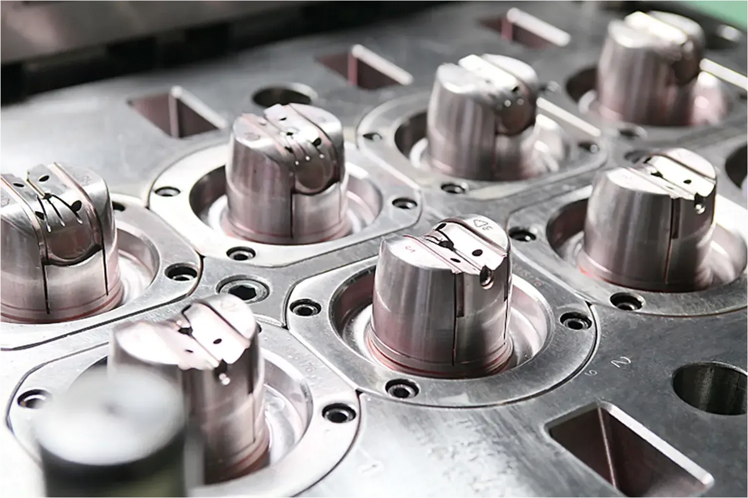 Polished multi-cavity mould inserts before assembly into the mould base