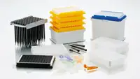 Range of moulded plastic products including pipette tip racks, plates and containers