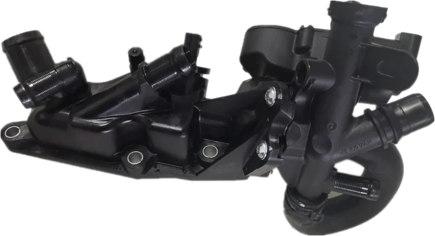 Mercedes-Benz thermostat housing assembly shown against a dark background