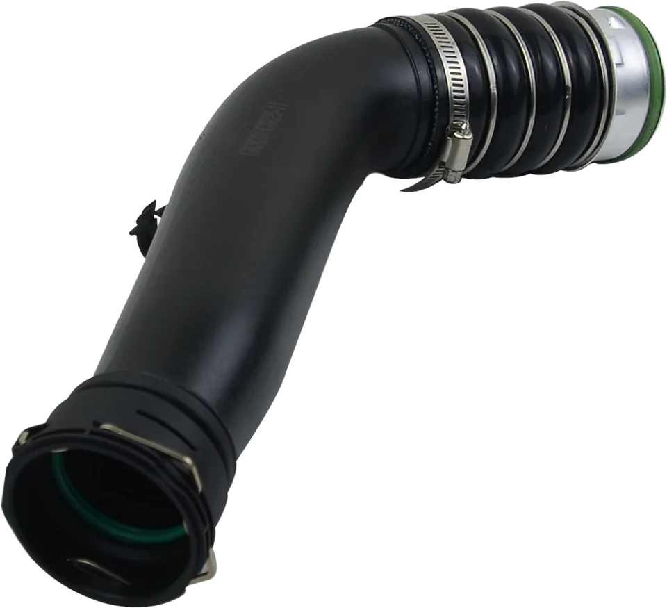 Turbocharger hose with clamped cuff and steel collar shown against a dark background