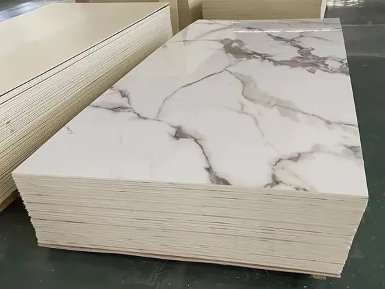 Stack of UV marble sheets with a white and grey veined marble surface