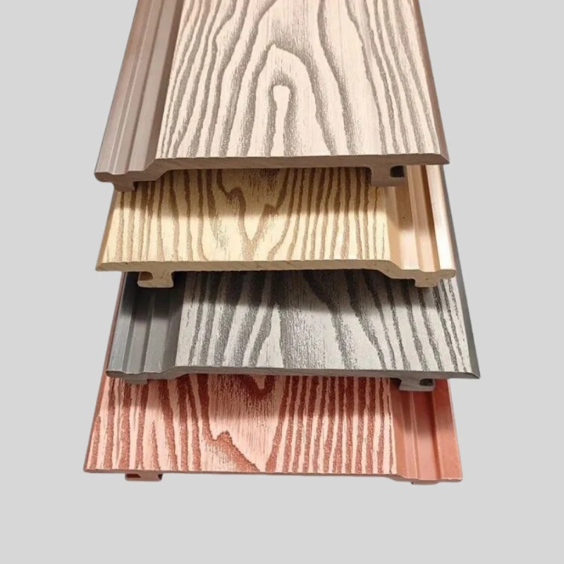 Outdoor WPC cladding boards with an embossed wood grain surface in two wood tones