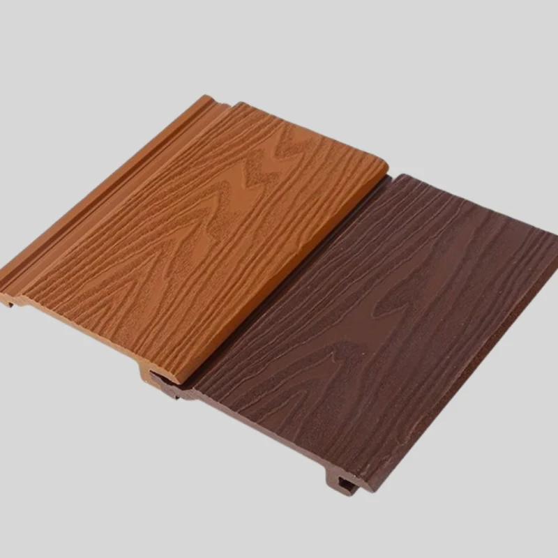 Outdoor WPC cladding boards in two wood tones shown side by side
