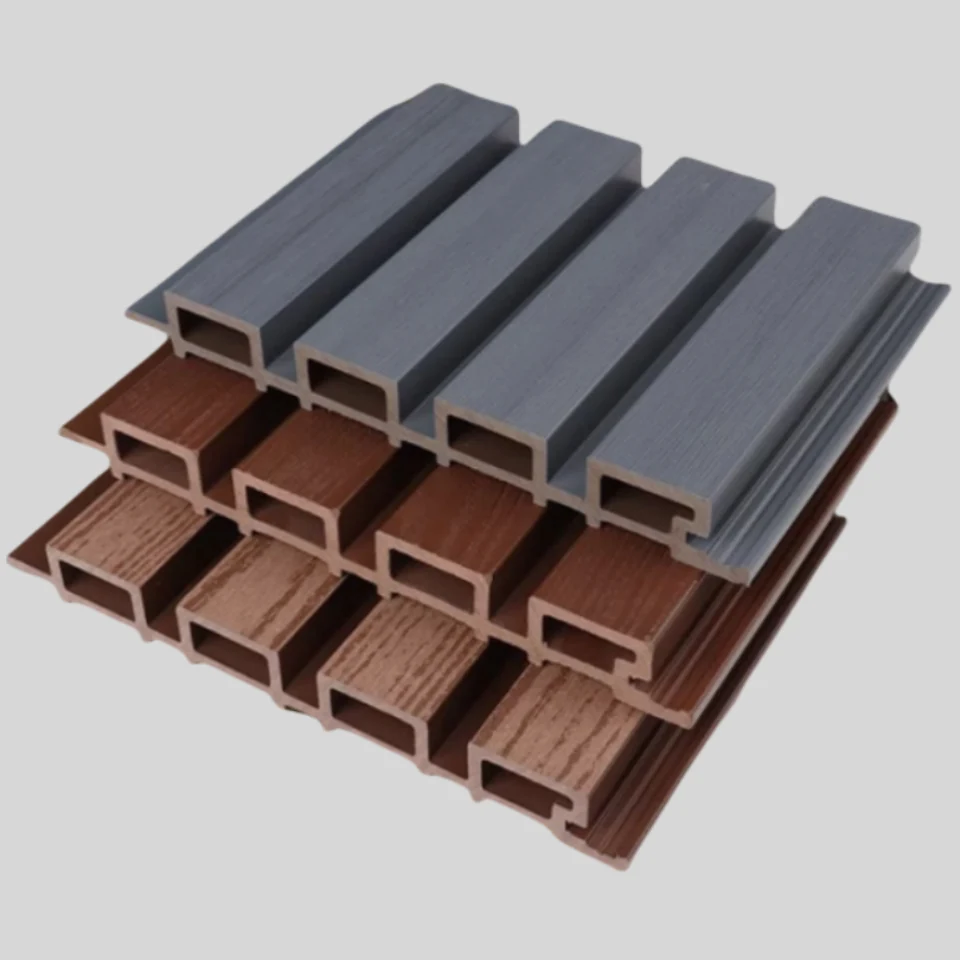 Outdoor WPC wall panel boards showing the co-extruded wood grain surface