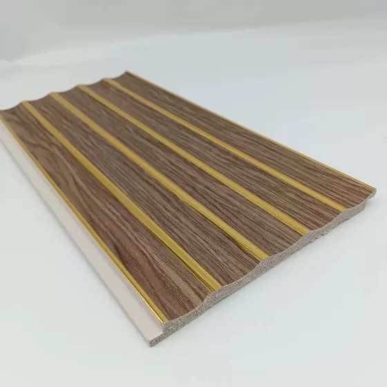 PS 3D wall panel with woodgrain fluting and gold trim strips