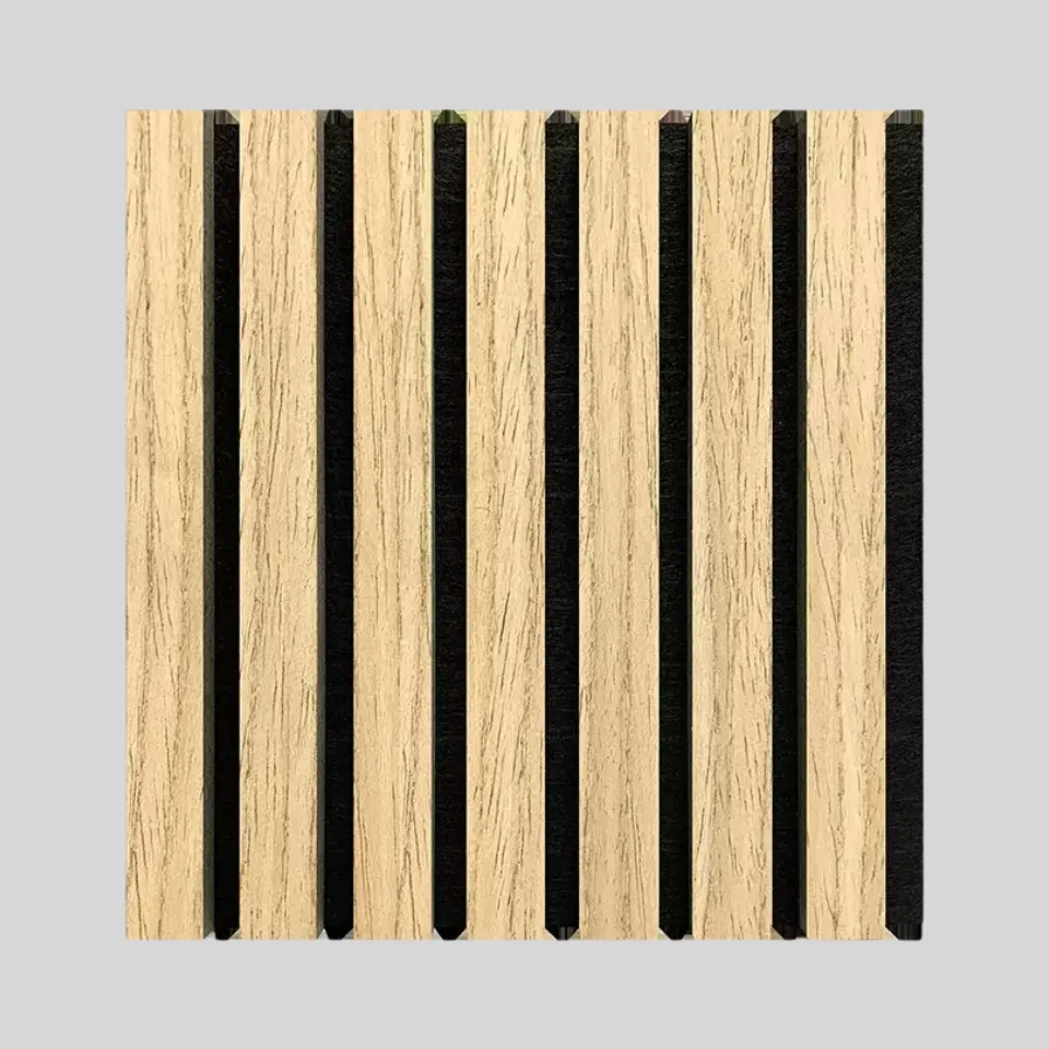 Wood slat acoustic panels stacked showing the slat profile and felt layer
