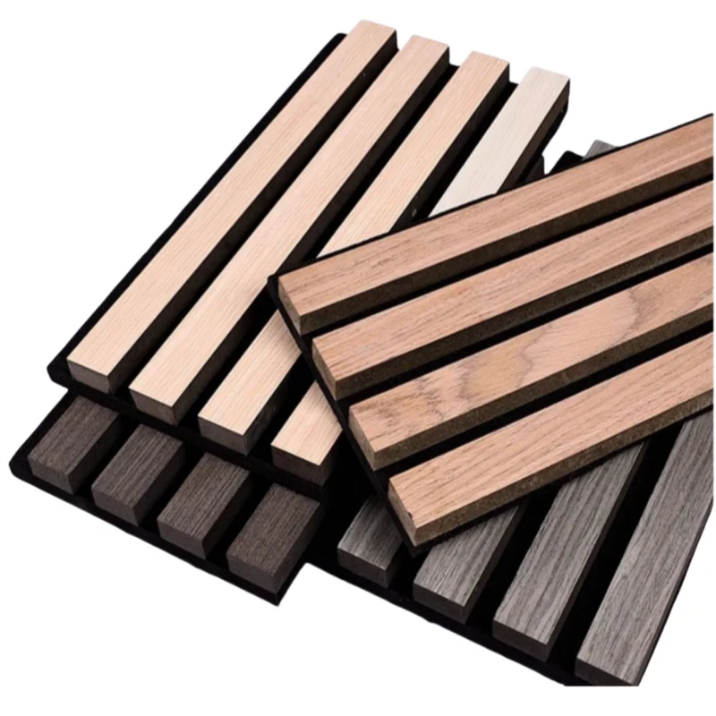 Wood slat acoustic panel showing the slats over the dark felt backing