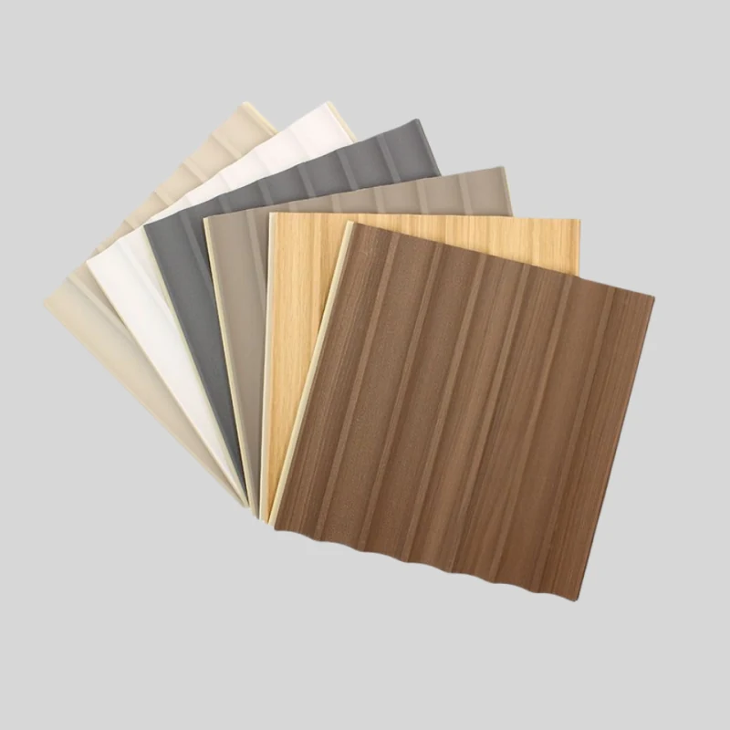 WPC interior wall panels in wood veneer finishes shown edge on
