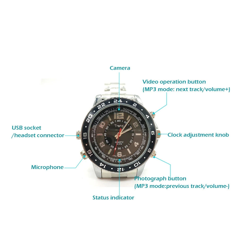 1080P Motion Detection Watch Camera DVR-1080MWC detail view of the lens and controls