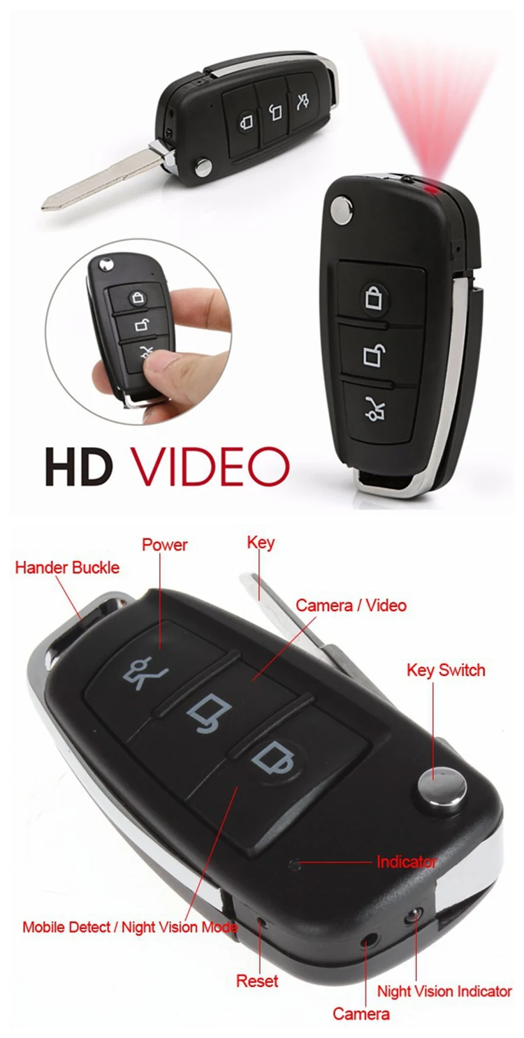 Mini Key Fob Night Vision Camera DVR-1080KEY detail view of the lens and controls