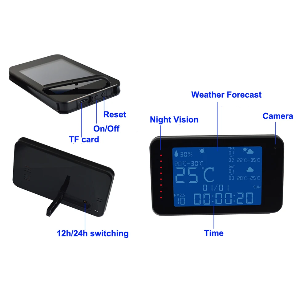 WiFi Weather Station Clock Camera WF-1080WCL detail view of the lens and controls