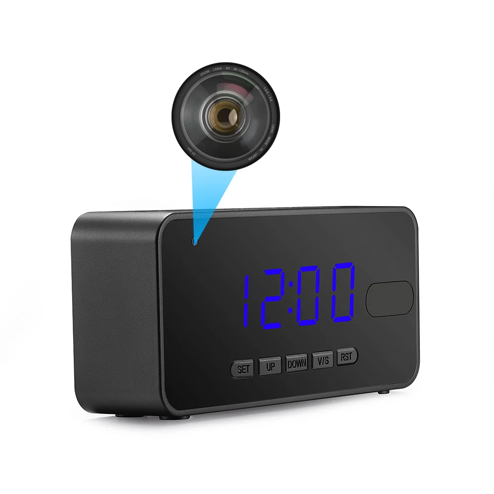 Night Vision Smart Desk Clock Camera DVR-1080PDC side view showing the camera housing