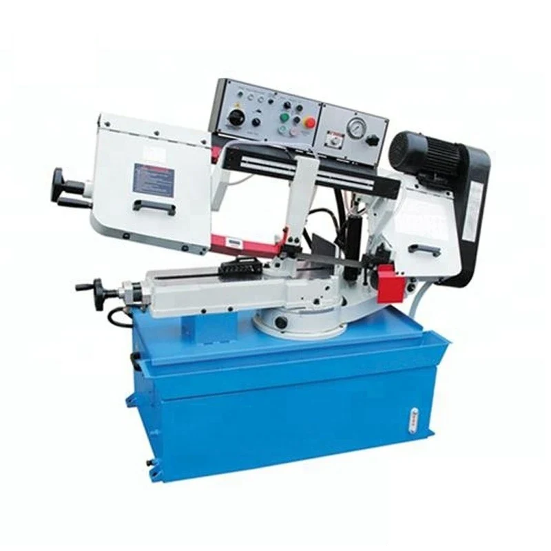 BS-1018R industrial hydraulic metal band saw with swivelling saw bow hydraulic feed cylinder quick clamping vice and coolant tank in the base
