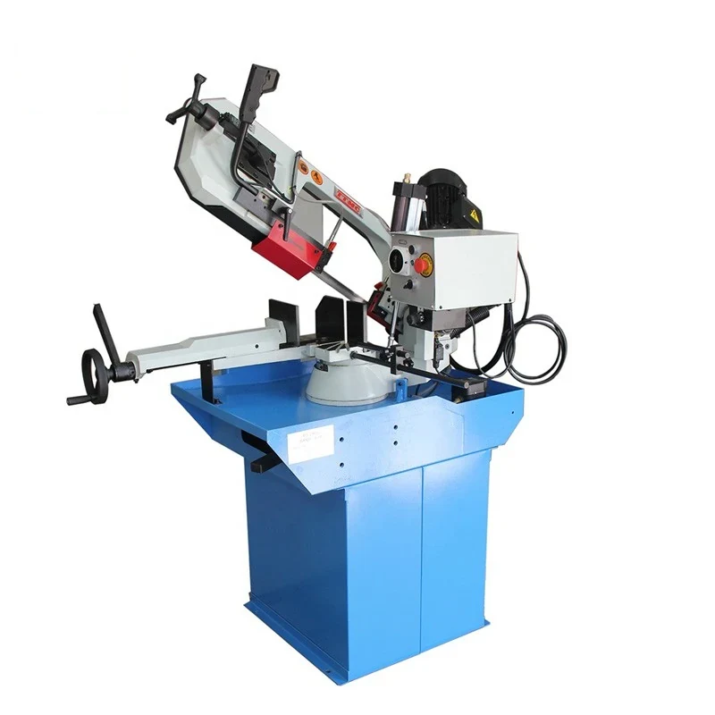 S-280G pipe cutting band saw with rotating saw bow calibrated jaw dovetail clamp hydraulic descent cylinder and block feeder on a cabinet base
